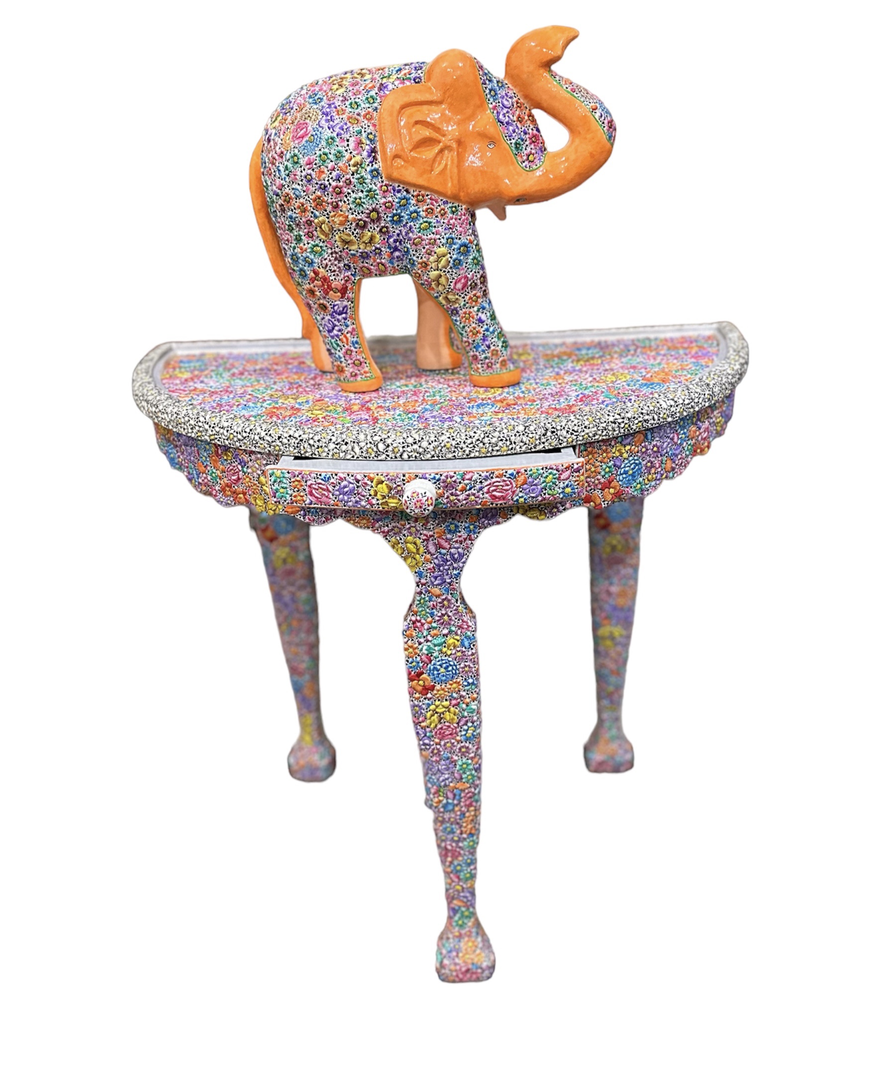 Handmade Paper Mache Table , Hand Painted Vintage Papier mache , Embosed half circle table with drawer